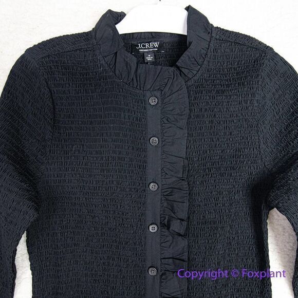 NEW J CREW SMOCKED LG SLEEVE BUTTON UP RUFFLE MINI DRESS black, M - Picture 4 of 16